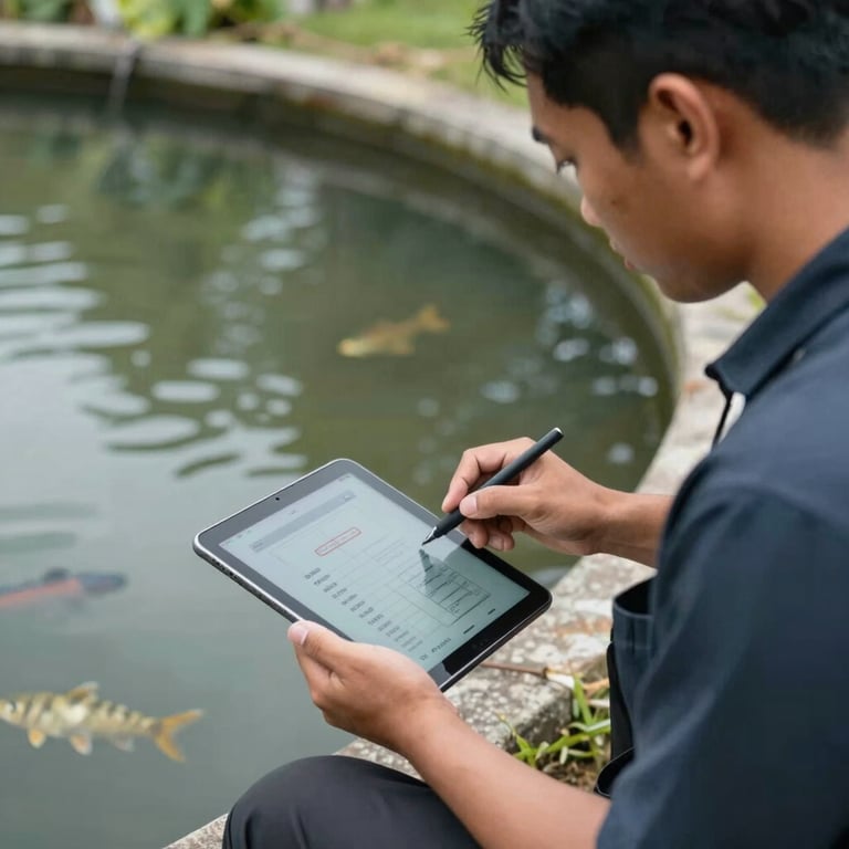 A Southeast Asian / Indonesian professional monitoring water quality parameters on a digital tablet near a fish pond, daylight, professional style.