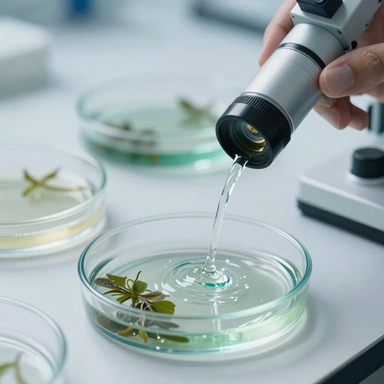 Professional laboratory testing for aquatic environment pathogens with glass petri dishes.
