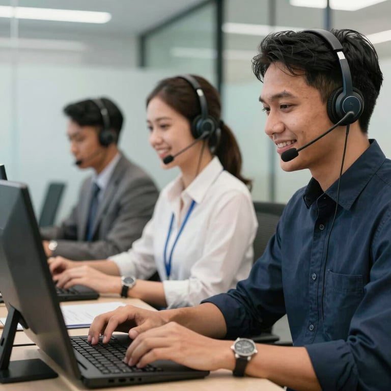 A team of Southeast Asian / Indonesian customer service professionals in a modern office with headsets, smiling and working collaboratively.