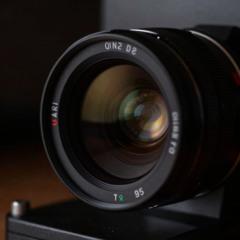 Macro close-up of an optical lens on a high-end film scanner, dramatic low-key studio lighting with high contrast and deep shadows