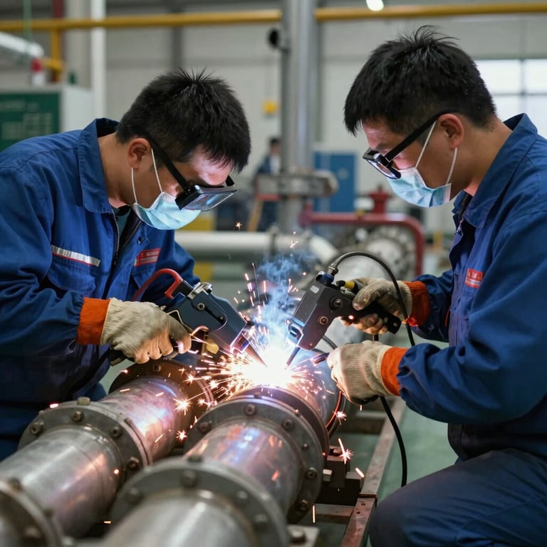 A team of technicians performing maintenance on an industrial pipeline system with welding equipment and sparks, focused and precise work.