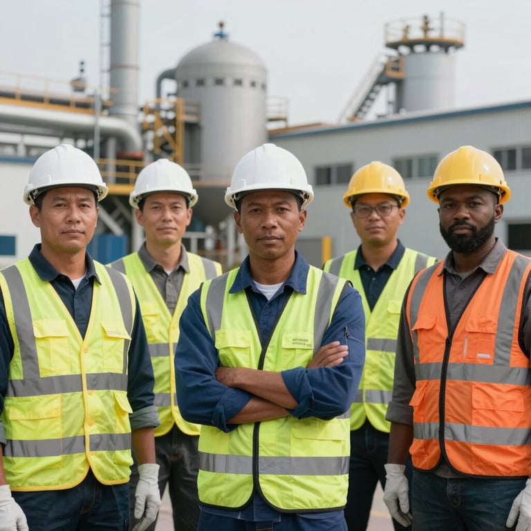 A group of diverse skilled workers in uniform safety gear standing together in front of an industrial facility, representing reliable manpower.