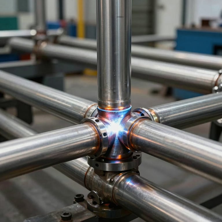 Detailed view of a piping fabrication workshop showing stainless steel pipes being expertly joined and welded, clean industrial environment.