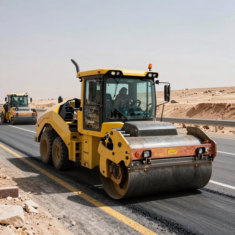 A wide shot of a highway construction project in Saudi Arabia showing asphalt pavers and rollers in action under a bright sun, Middle Eastern / Gulf landscape.