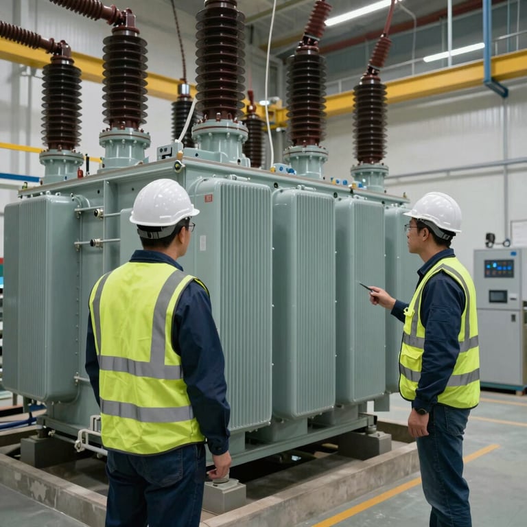 Engineers in safety vests inspecting a large electrical transformer unit within a high-voltage substation, professional industrial lighting.