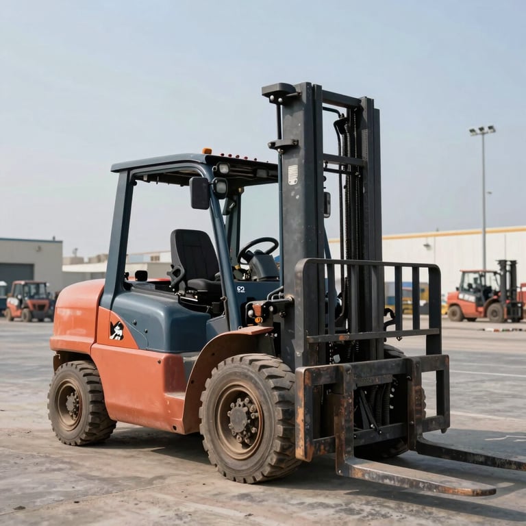 A heavy-duty forklift moving industrial components in a large outdoor yard in Jubail, with a clear horizon and slate blue equipment.