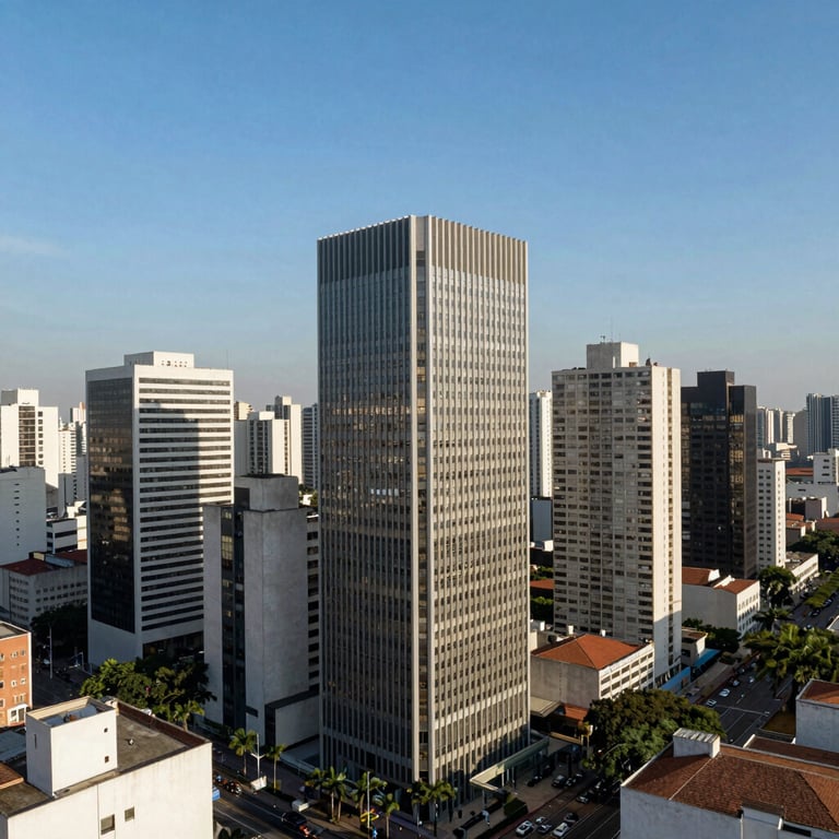 Aerial view of the Avenida Faria Lima business district in São Paulo, high-rise office buildings under a clear blue sky, professional atmosphere.