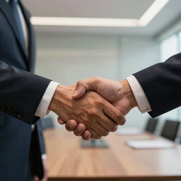 Close-up of two South American business professionals shaking hands firmly in a modern boardroom, symbolizing trust and partnership.