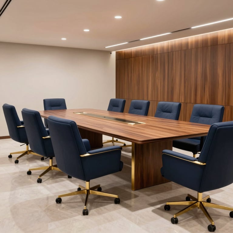 Interior of a sophisticated Brazilian corporate conference room with navy blue furniture and golden wood accents, minimalist and elegant.