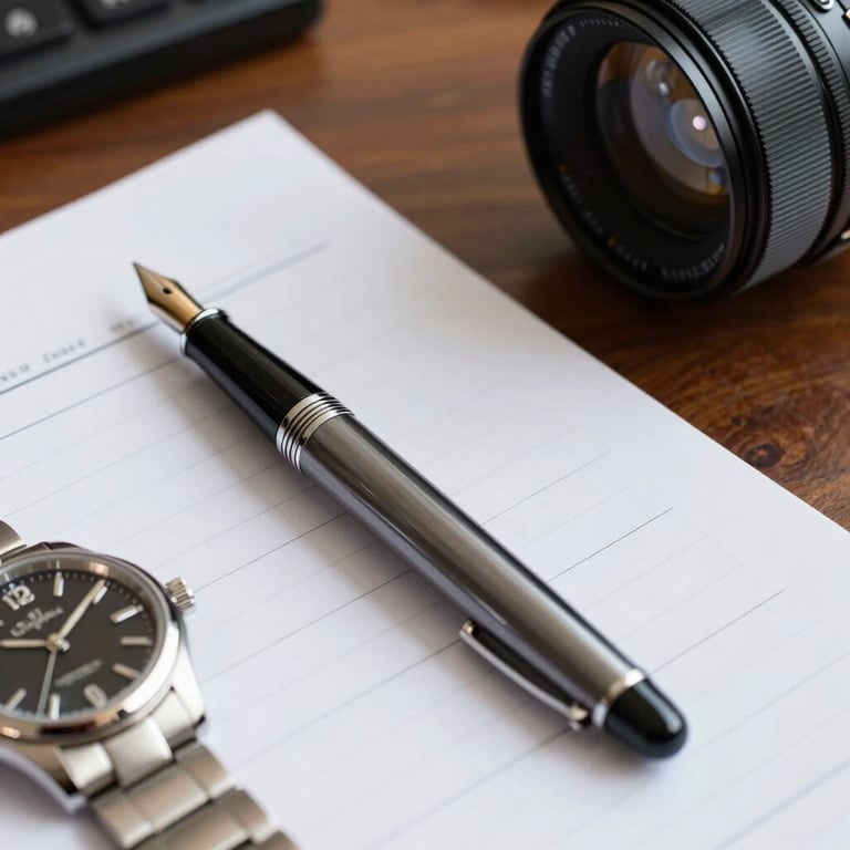 Macro shot of an executive desk featuring a high-end fountain pen, a silver watch, and a financial ledger, representing attention to detail.