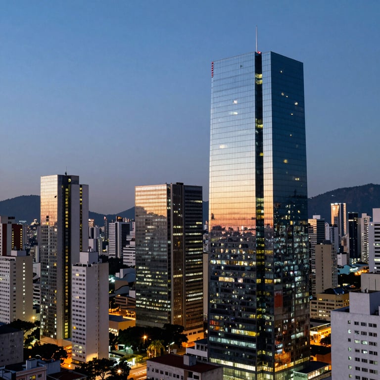 Evening view of a vibrant Brazilian city skyline with lights reflecting in the glass of a modern skyscraper, representing security and stability.