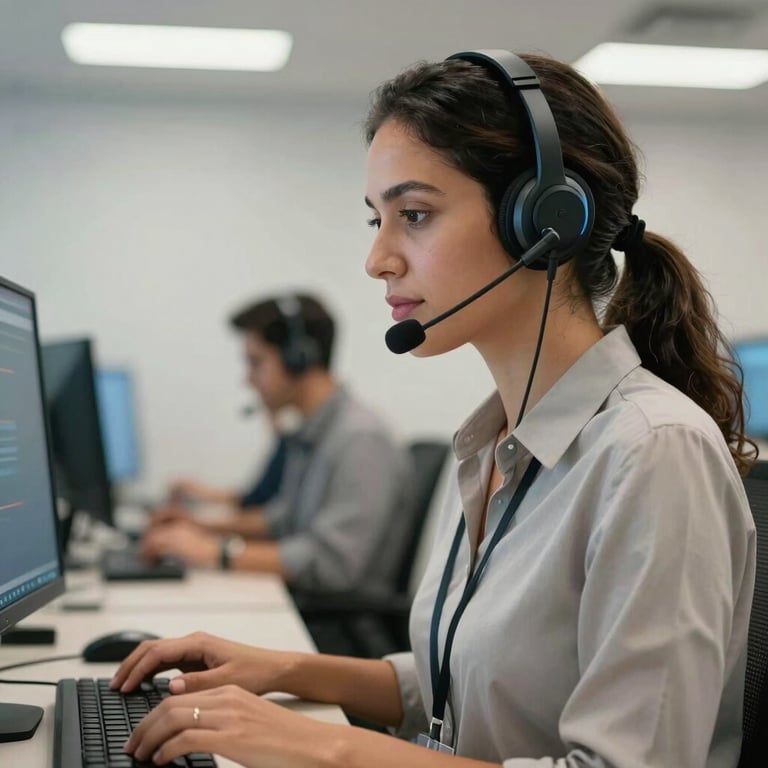 A focused Brazilian professional woman wearing a high-tech headset while working in a bright, modern tele-services hub.