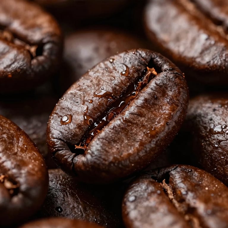 Macro photography of roasted coffee beans showcasing a rich, dark oily texture.