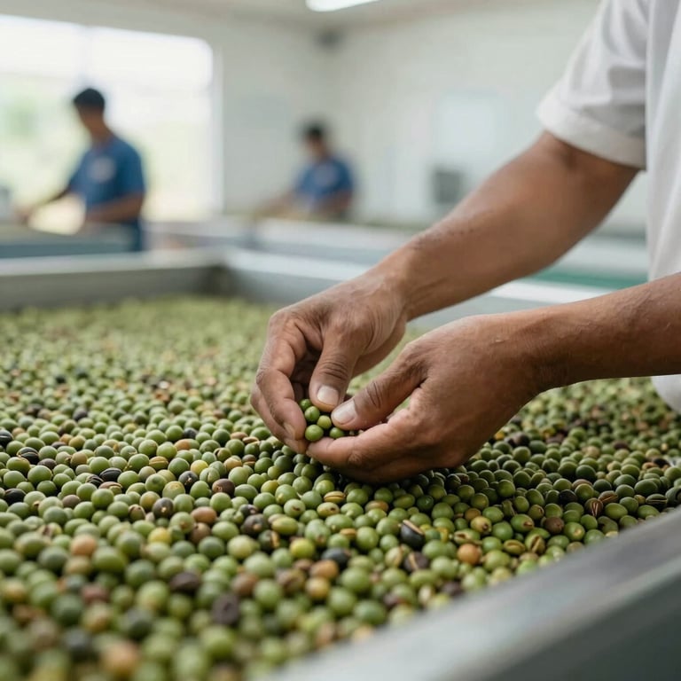 Artisanal hands sorting green coffee beans in a bright, clean Chiapas processing facility.