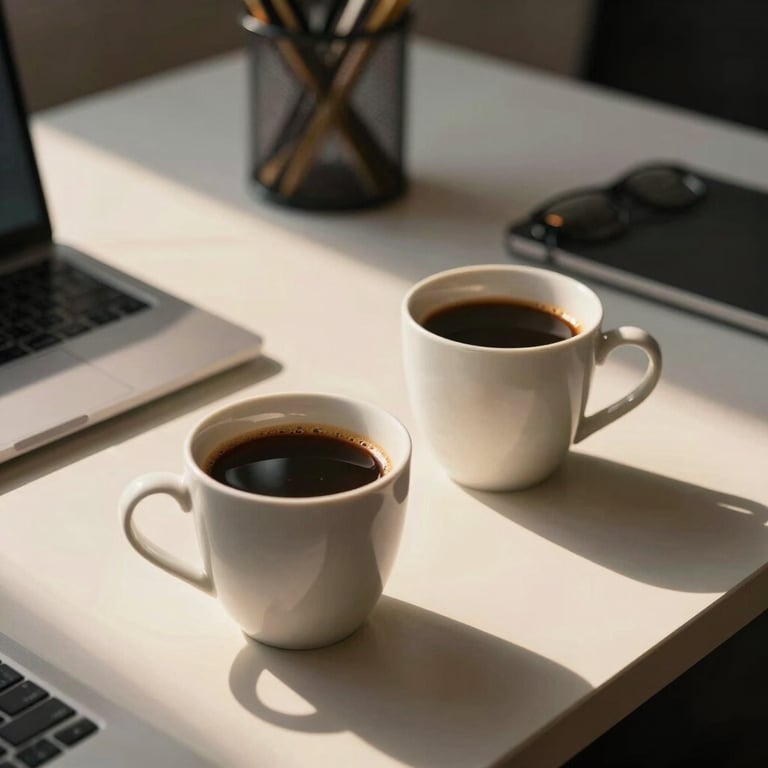 A modern workspace in Mexico City with two porcelain cups of black coffee and golden hour light.