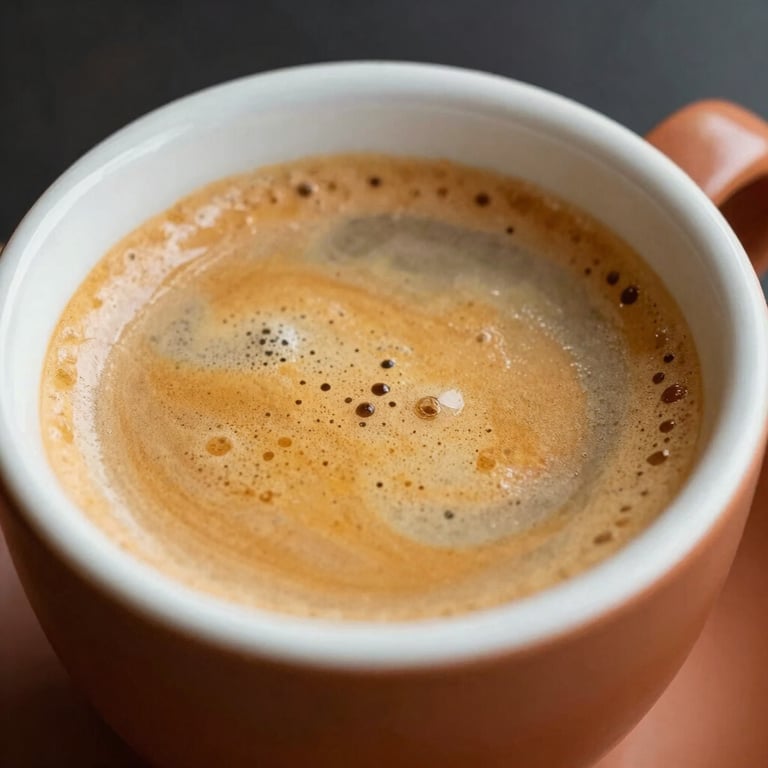 Detail of a terracotta-colored coffee cup with a perfect golden crema on top of an espresso.