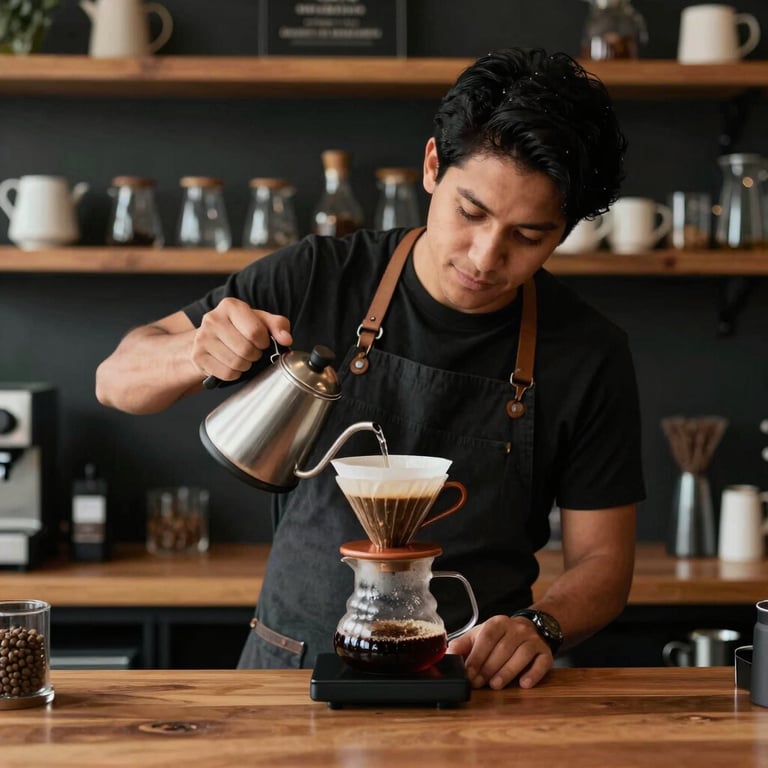 A barista in a Latin American cafe expertly preparing a pour-over coffee, soft matte black and wood surroundings.