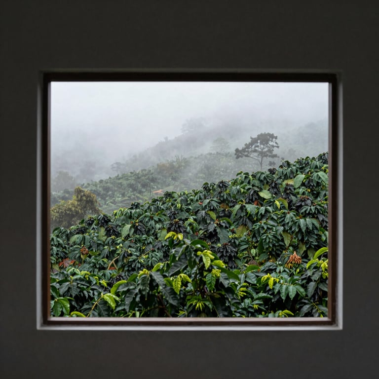 The misty landscape of a Chiapas coffee plantation seen through a minimalist architectural window.