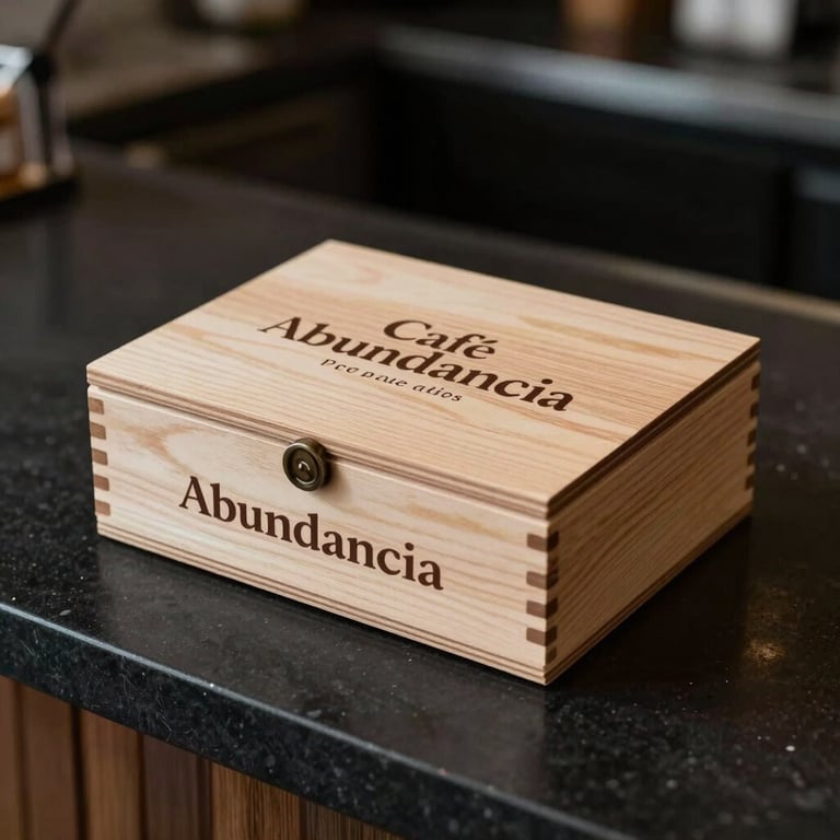 A beautifully branded wooden box of Café Abundancia sitting on a matte black counter.