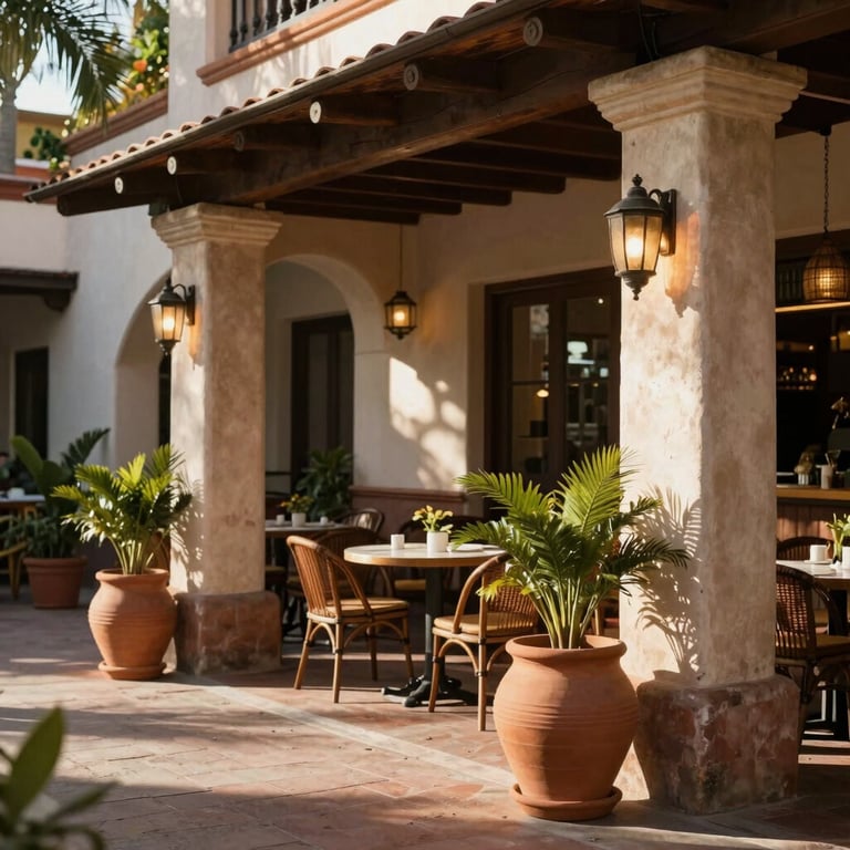 A sun-drenched outdoor terrace of a luxury Mexican cafe with terracotta pots and warm lighting.