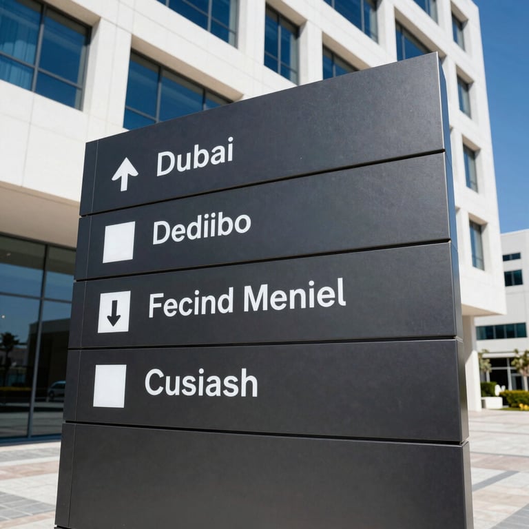 High-contrast daylight shot of architectural wayfinding signage outside a modern medical complex in Dubai, clean typography on dark charcoal aluminum panels.