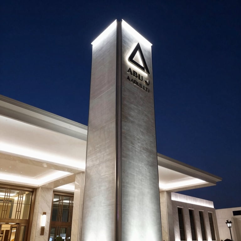 Crisp night architectural photograph of a luxury hotel entrance in Abu Dhabi, showcasing an illuminated architectural pylon sign with brushed steel finish and soft white halo lighting.