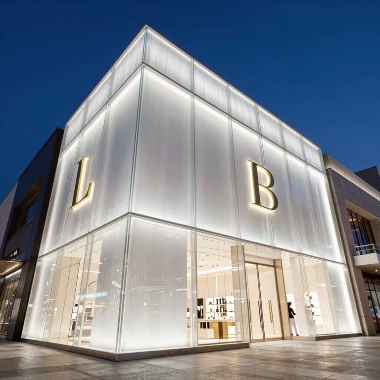 Wide-angle architectural shot of a luxury retail storefront in Dubai Mall, featuring high-contrast illuminated 3D LED brass lettering, seamless acrylic joints, daytime ambient light.