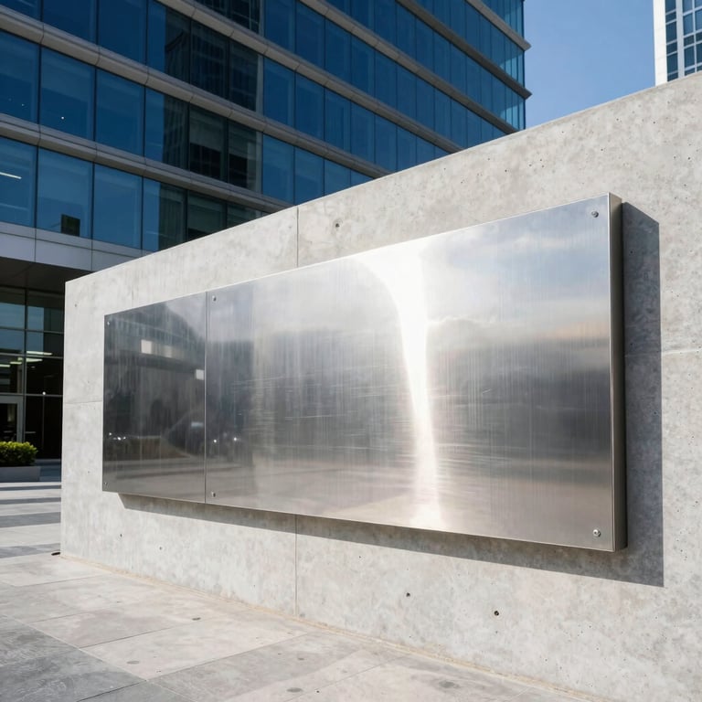 Modern corporate lobby in Dubai, featuring a massive brushed stainless steel reception sign mounted on a concrete wall, clean daylight casting soft shadows.