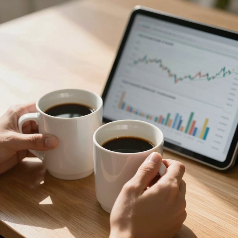 Close-up of hands holding coffee mugs next to a tablet screen showing financial comparison charts, warm sunny undertones, professional yet casual setting.