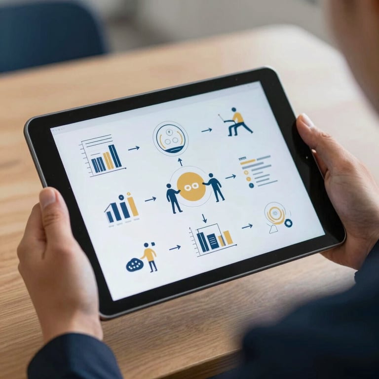 A close-up of a digital tablet showing educational diagrams, held by a teacher in a modern classroom, Dark Blue and Gold tones.