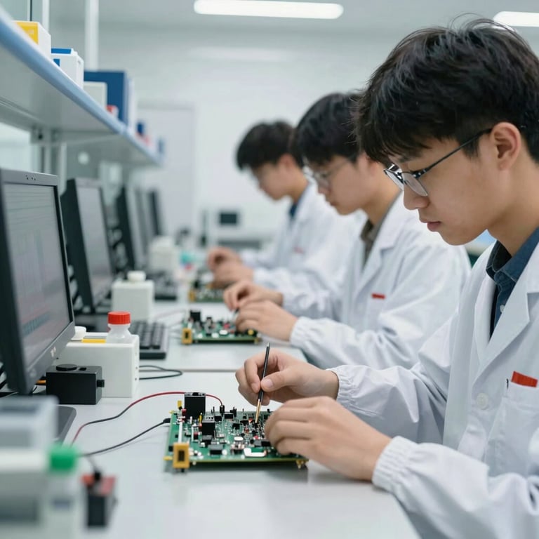 A high-tech vocational training lab with students working on electronic components, clean and bright environment, professional atmosphere.