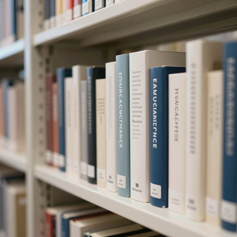 A library shelf filled with modern books on education and development, soft bokeh background, Off-white and Muted Blue lighting.