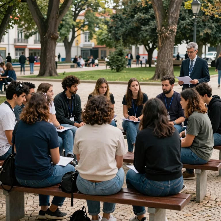 An outdoor educational workshop in a park in Lisbon, people sitting on benches learning, relaxed and professional mood, European / Portuguese setting.