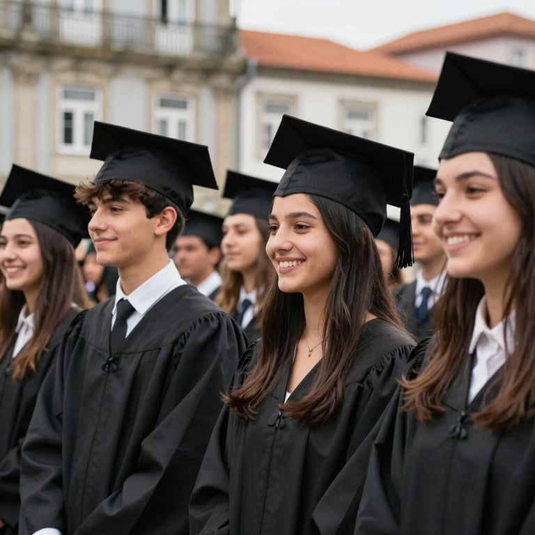 A group of students smiling during a graduation ceremony in Porto, wearing professional attire, bright natural lighting, European / Portuguese atmosphere.