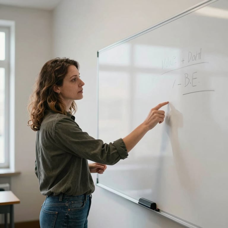 A teacher explaining a concept at a large whiteboard in a bright studio space, European / Portuguese style, focused and engaging lighting.