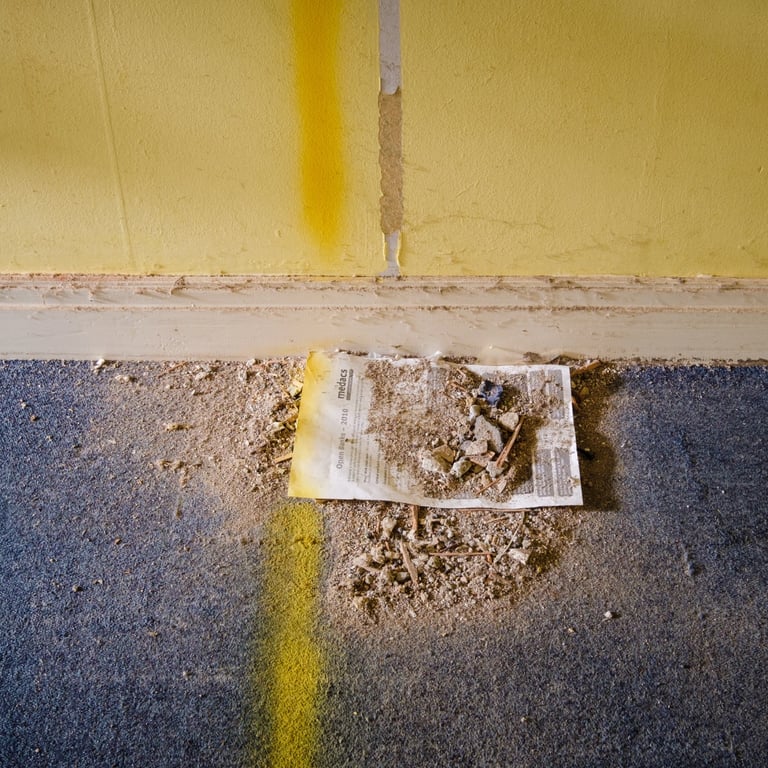 Detritus on floor near yellow wall