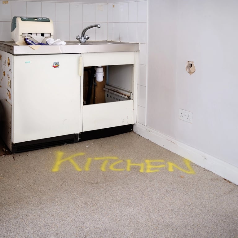 Disused kitchen with word kitchen sprayed on floor