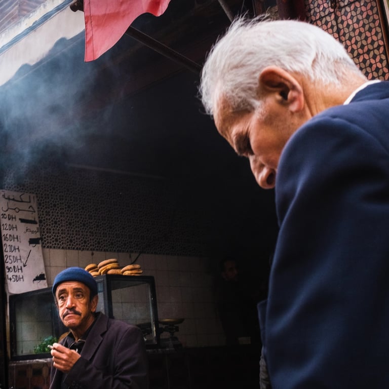 Man walking past bagel seller in Casablanca