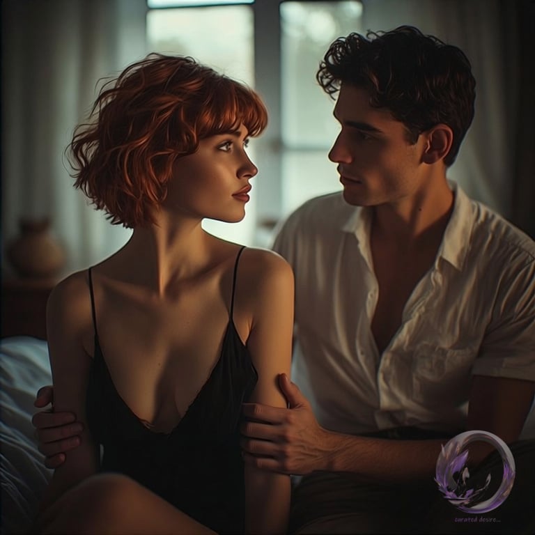 Claudie e il suo amante Rudy dalle storie erotiche illustrate di Ophelio, sul letto a una festa