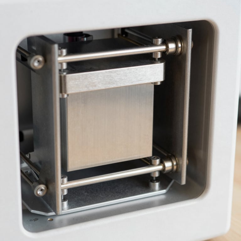 Close-up of the Kangen K8 ionization chamber internal structure, platinum-titanium electrodes visible, clean technical product photography, neutral background, no dramatization