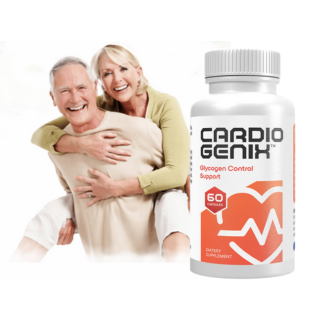 Ældre par smiler og ser sunde ud ved siden af en flaske Cardio Genix – et naturligt kosttilskud til 