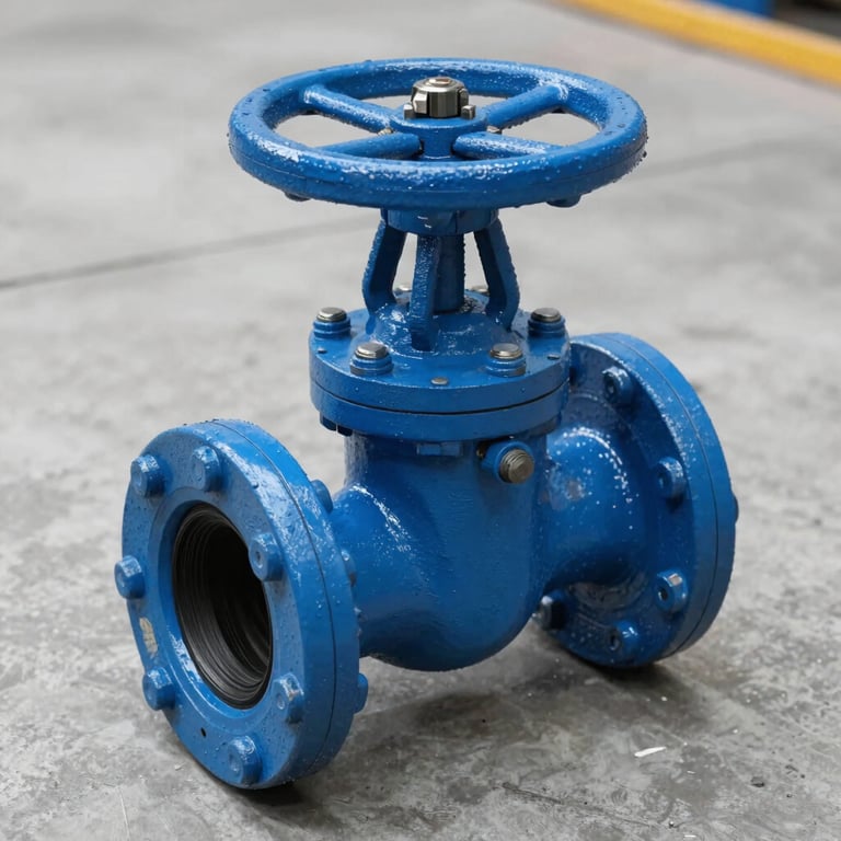 Close-up of a heavy-duty industrial cast iron gate valve with blue epoxy coating, resting on concrete floor, clean industrial lighting, sharp details on bolts and flange