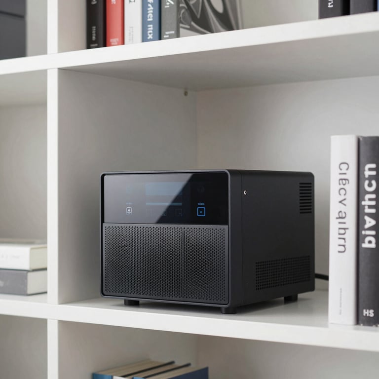 A high-tech networking device standing elegantly on a bookshelf in a contemporary soft white room.