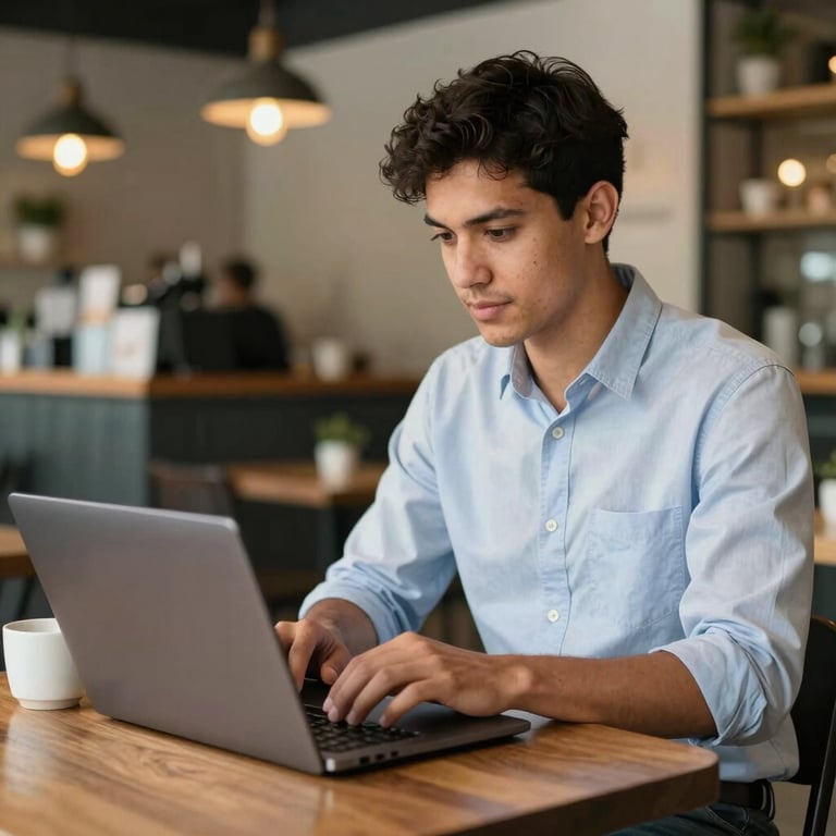 A young entrepreneur in a South African coffee shop working efficiently on a laptop, professional and modern vibe.