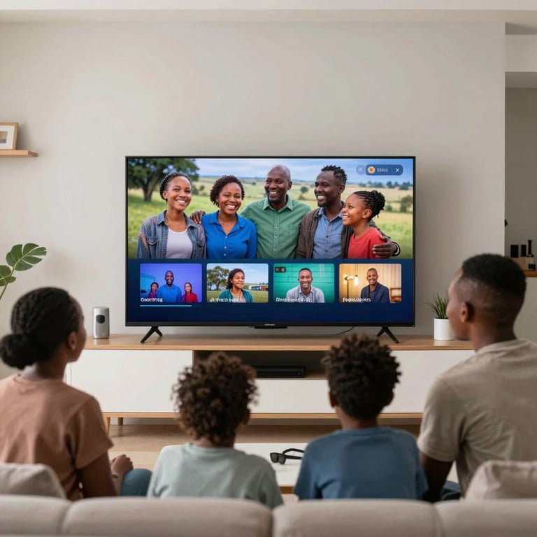 A family in a Southern African living room happily streaming high-definition content on a smart TV, modern and clean interior.