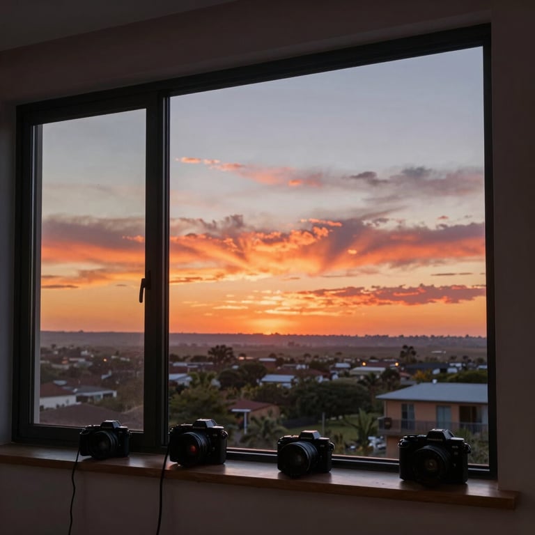 A vibrant Southern African sunset viewed through a window of a modern apartment with tech devices on the sill.