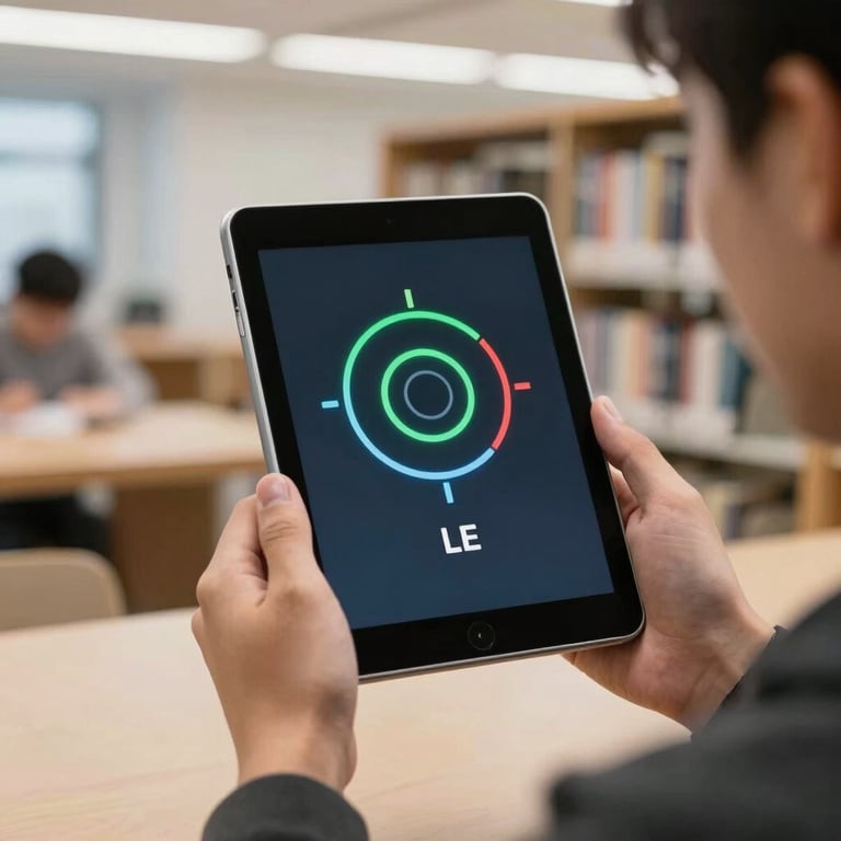 Close-up of an LTE signal indicator on a tablet held by a student in a bright, modern library setting.