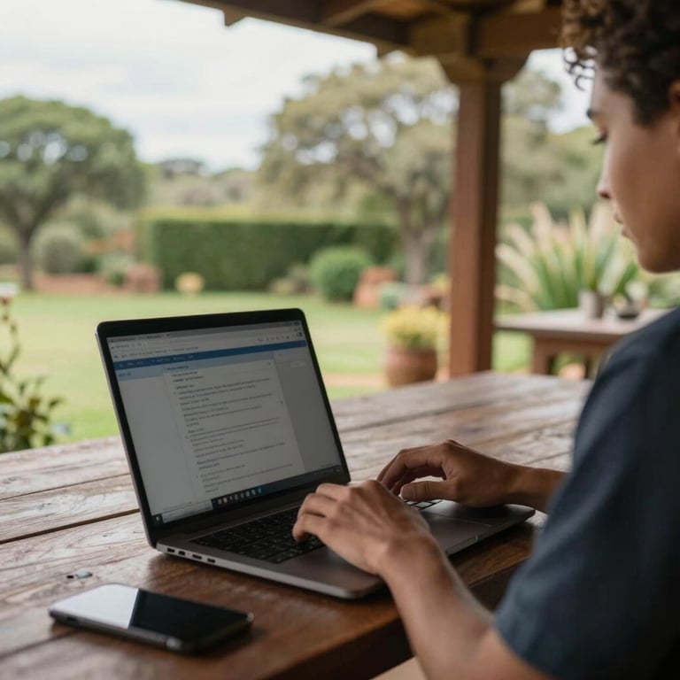 An outdoor Southern African patio where a person is comfortably working remotely on a laptop with a view of a garden.