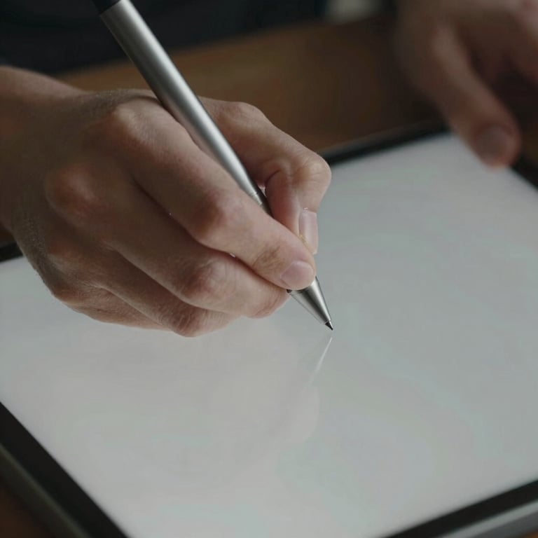 A macro shot of a hand using a digital pen on a tablet, with soft light grey highlights on the surface.