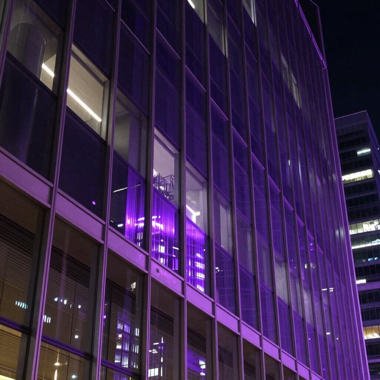 Abstract architectural shot of a modern glass building at night reflecting vibrant electric purple city lights.